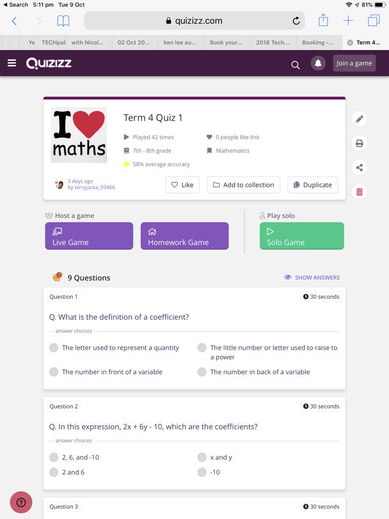 Did our first Quiziz today to review Algebra vocabulary - it worked! <a href="/eduprotocols/">@EduProtocols</a> #techplza