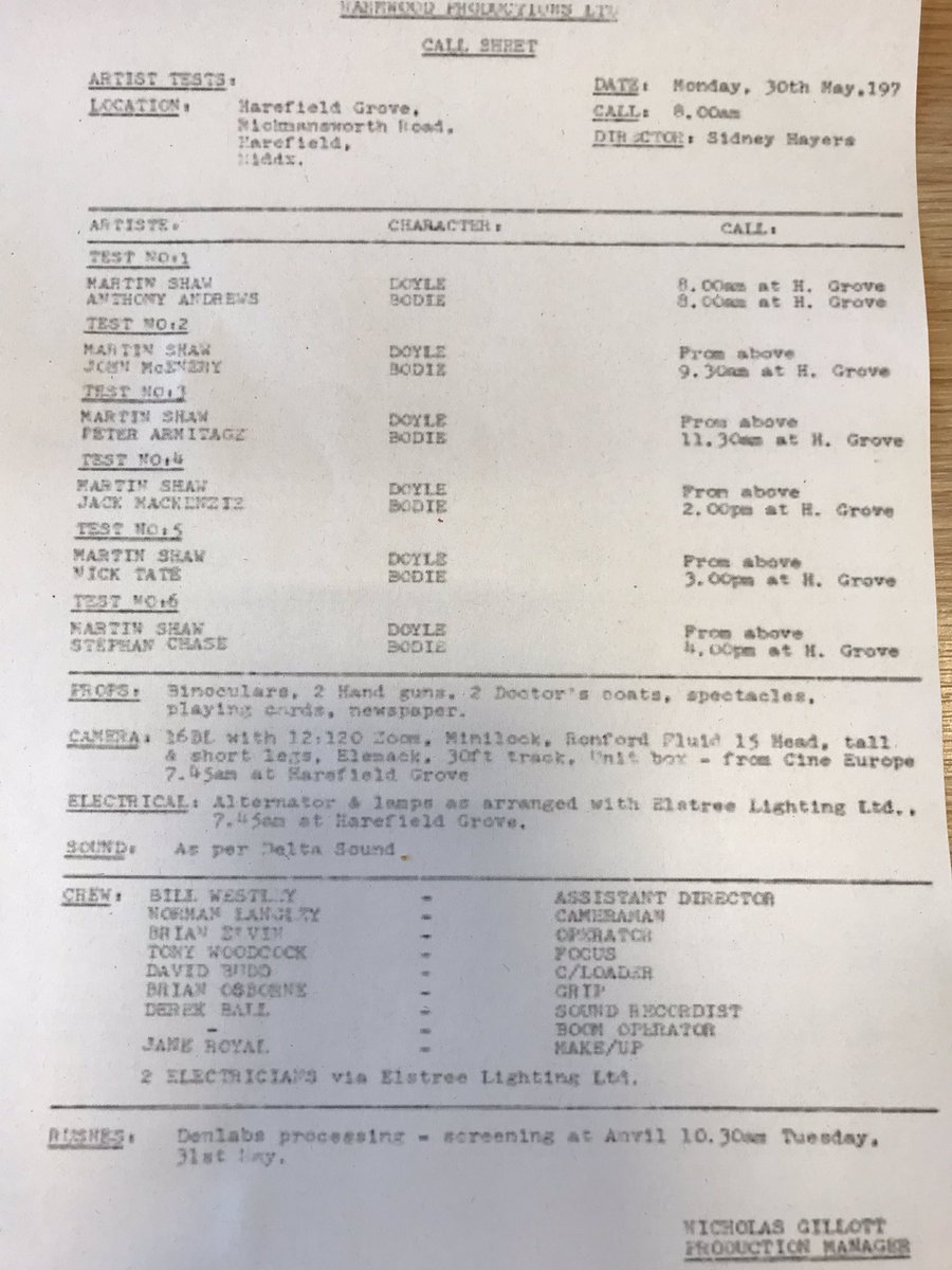 CI5BDC's tweet photo. Original Call sheet for “Artist Tests” filmed 30th May 1977, to determine who would play the part of Bodie - actors on list #AntonyAndrews #JohnMchendry #PeterArmitage #JackMckenzie #NickTate #StephanChase https://t.co/R7W2c5qFG2