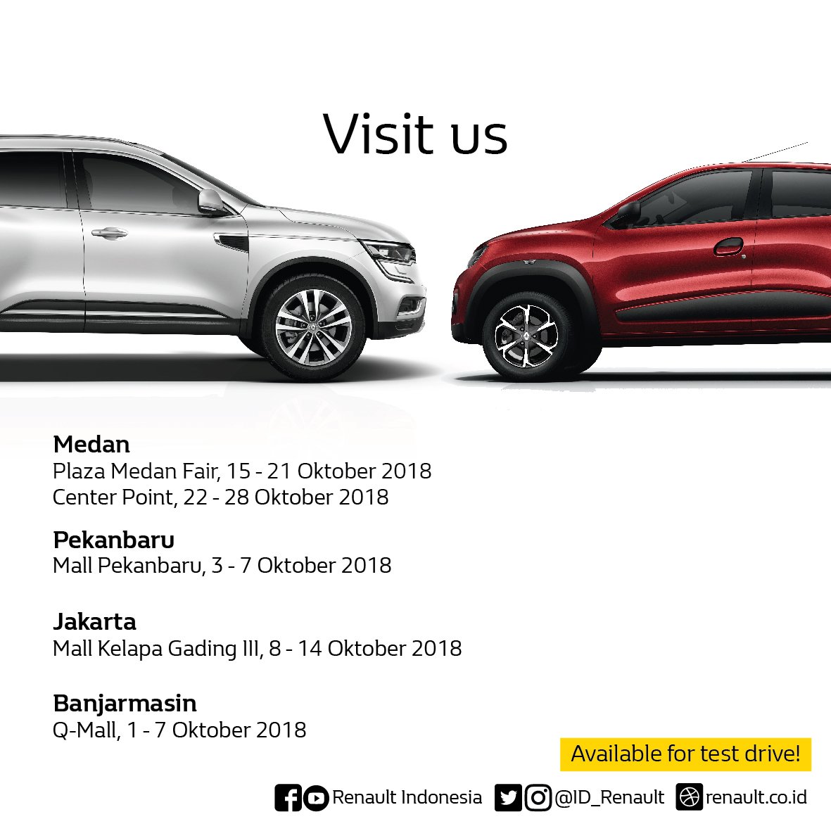ID_Renault's tweet photo. Jangan lewatkan kesempatan untuk mendapatkan mobil impianmu. 
Kunjungi pameran Renault di kota mu atau kamu bisa ke dealer Renault terdekat untuk coba langsung mobil Renault favoritmu!

Informasi lebih lanjut segera hubungi dealer terdekat di kotamu ya: https://t.co/gOK3u8IvMi https://t.co/O35zwCrayW