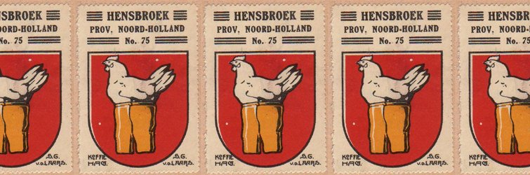 A repeated image of a postage stamp featuring a hen in trousers on a red shield, with HENSBROEK written above it.