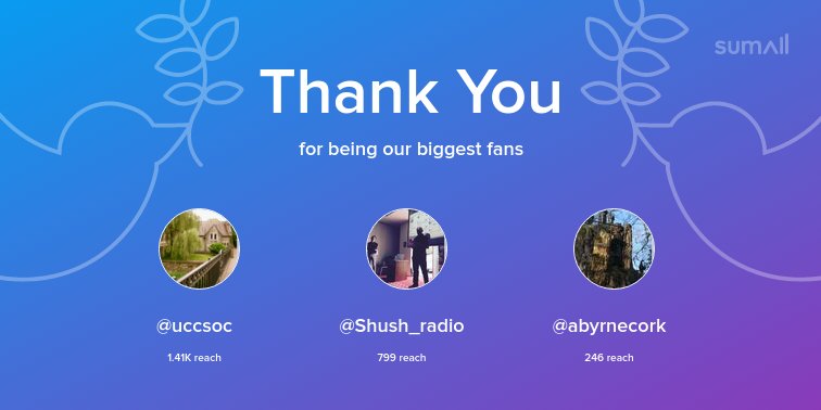 Our biggest fans this week: <a href="/uccsoc/">UCC Sociology & Criminology</a>, <a href="/Shush_radio/">Shush!</a>, <a href="/abyrnecork/">Ann Byrne</a>. Thank you! via sumall.com/thankyou?utm_s…