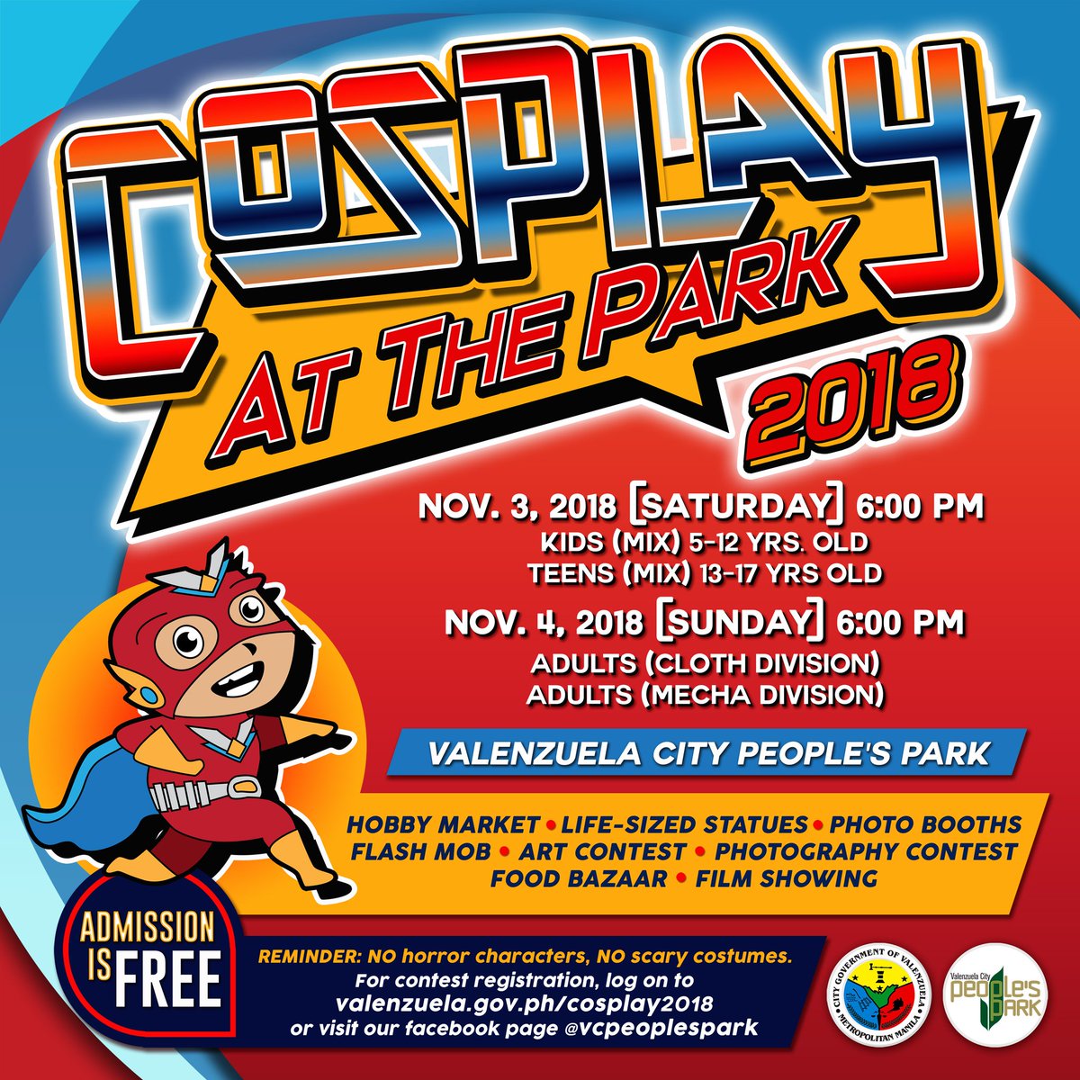 vcpeoplespark's tweet photo. COSPLAY AT THE PARK 2018 is happening on Nov. 3 and 4, 2018, 6:00 PM at the Valenzuela City People’s Park Amphitheater. Get those costumes ready and join us as we turn VCPP into a grand superhero theme park!

Admission is FREE.

Log on to https://t.co/Itah6OOdaM https://t.co/pgzHAZi8uj
