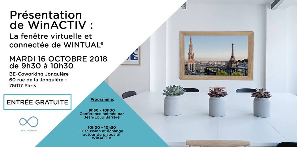 be_coworking's tweet photo. BE-Coworking vous invite à participer à la présentation de #WinACTIV, la fenêtre virtuelle et connectée de WINTUAL®.
Mardi 16 Octobre de 9h30 à 10h30 à l'espace BE-Coworking Jonquière
https://t.co/JrBOuTs9oQ
#event #75017 #Coworking #CoworkingParis https://t.co/j9WMrqdvVw