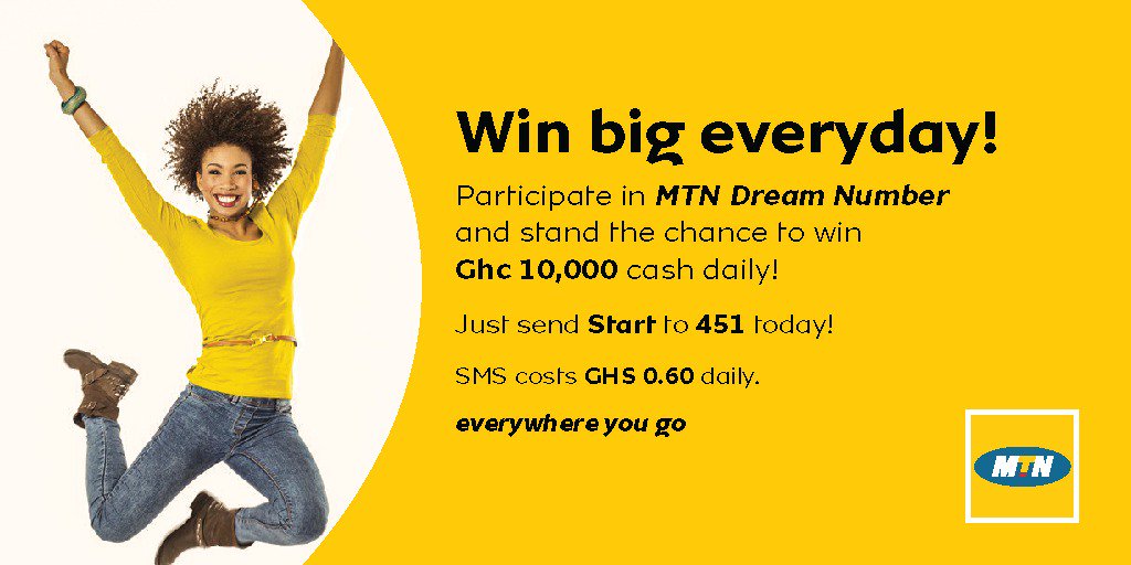 MTNGhana's tweet photo. Y'ello!! Did you know you can win up to GHc 10,000 daily ? Participate in  MTN dream number and stand the chance to win BIG!! What would you do with GHc 10,000 ? Comment below  #MTNDreamNumber RT https://t.co/zooEMGldwE