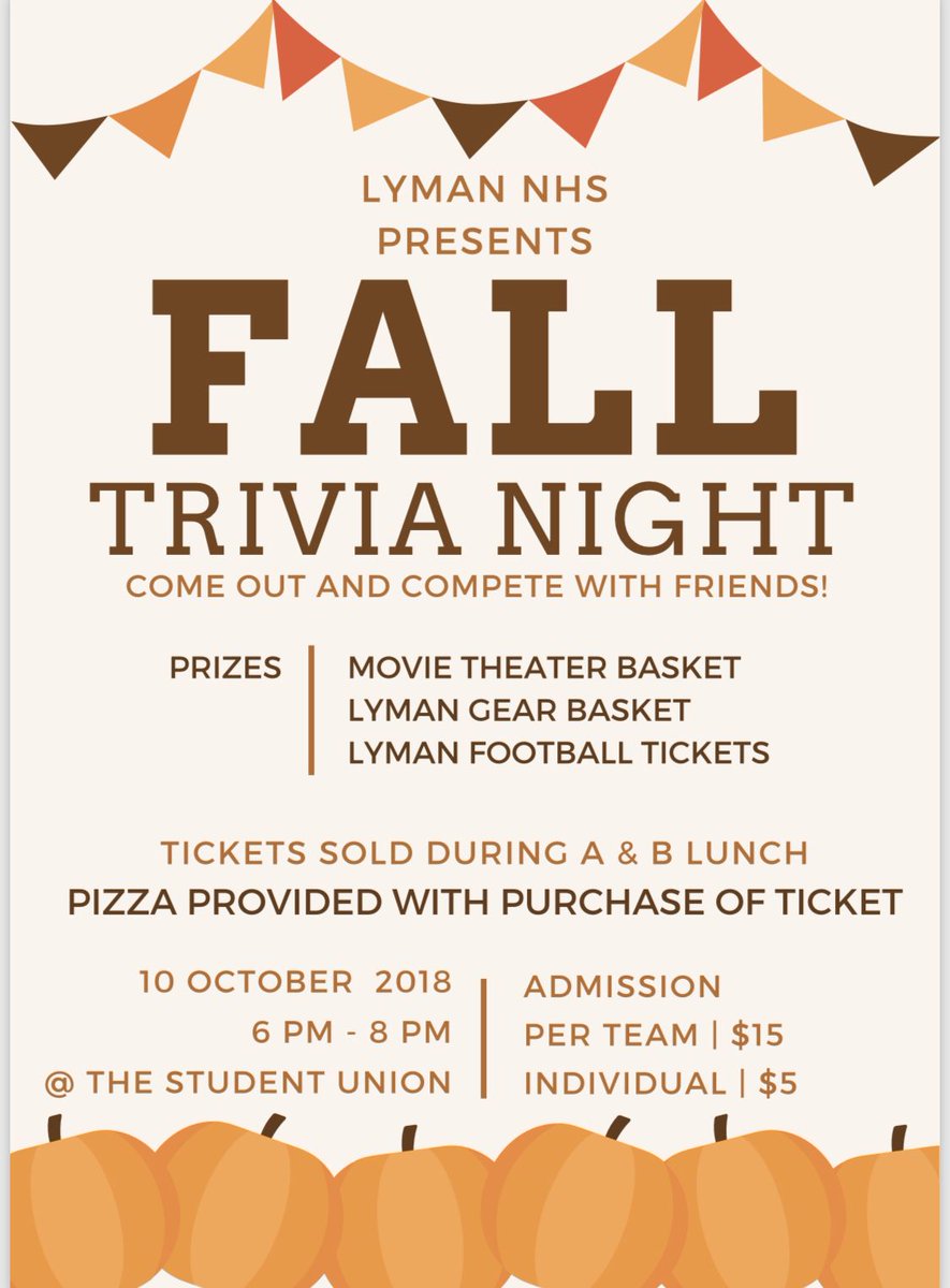 LymanHighSchool's tweet photo. Trivia Night, sponsored by National Honor Society is almost here! Get your team together and let’s compete! Wednesday, 10/10/18, 6-8pm. #BeThere #AreYouSmarterThanMrHovel #WeAreLyman https://t.co/lo2UyJwYAd