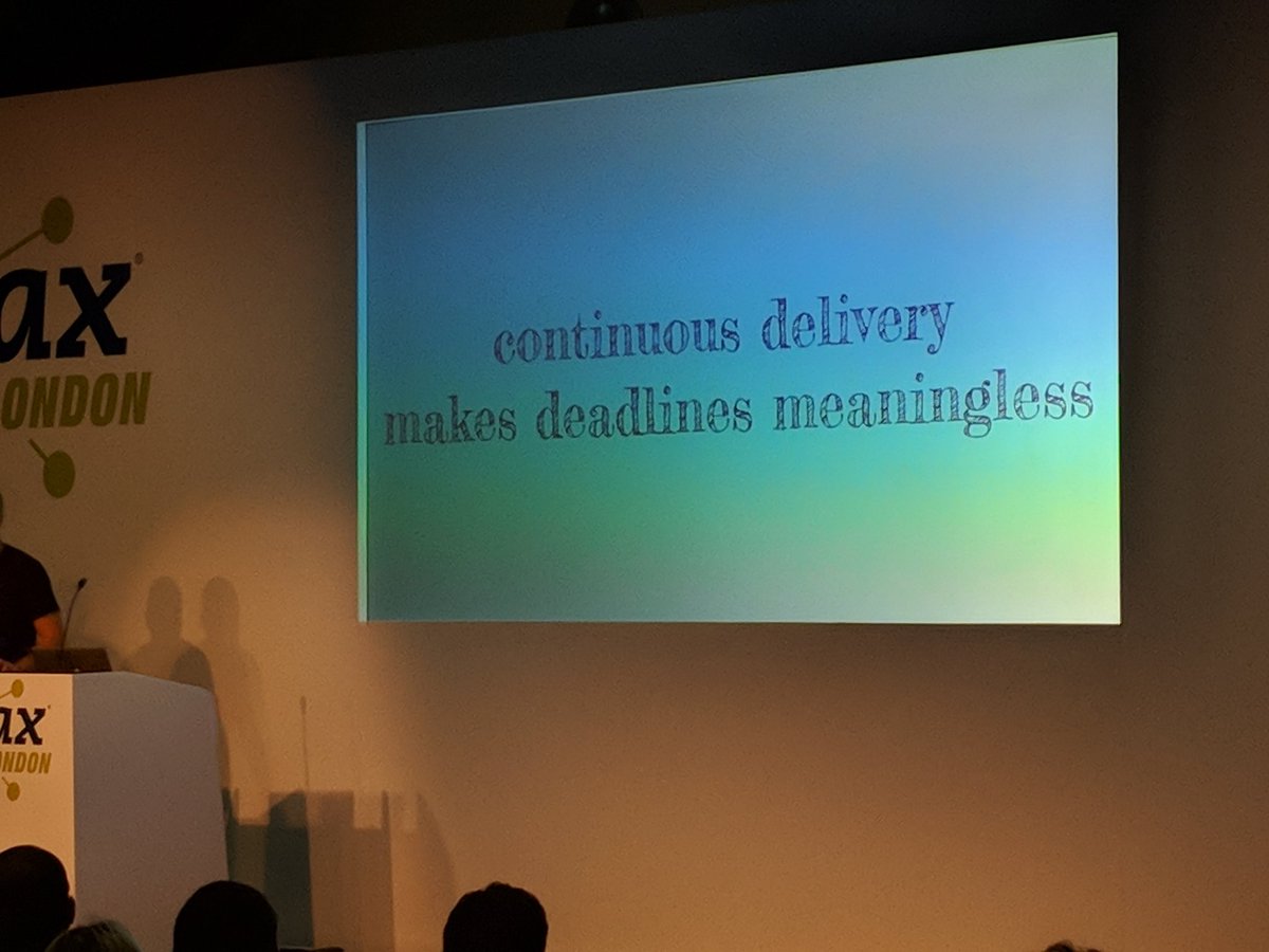 "A deadline is like shouting at the earth and expecting it to go round the sun faster" <a href="/DanielJonesEB/">Daniel Jones</a> at <a href="/jaxlondon/">JAX London</a> on #continuousdelivery