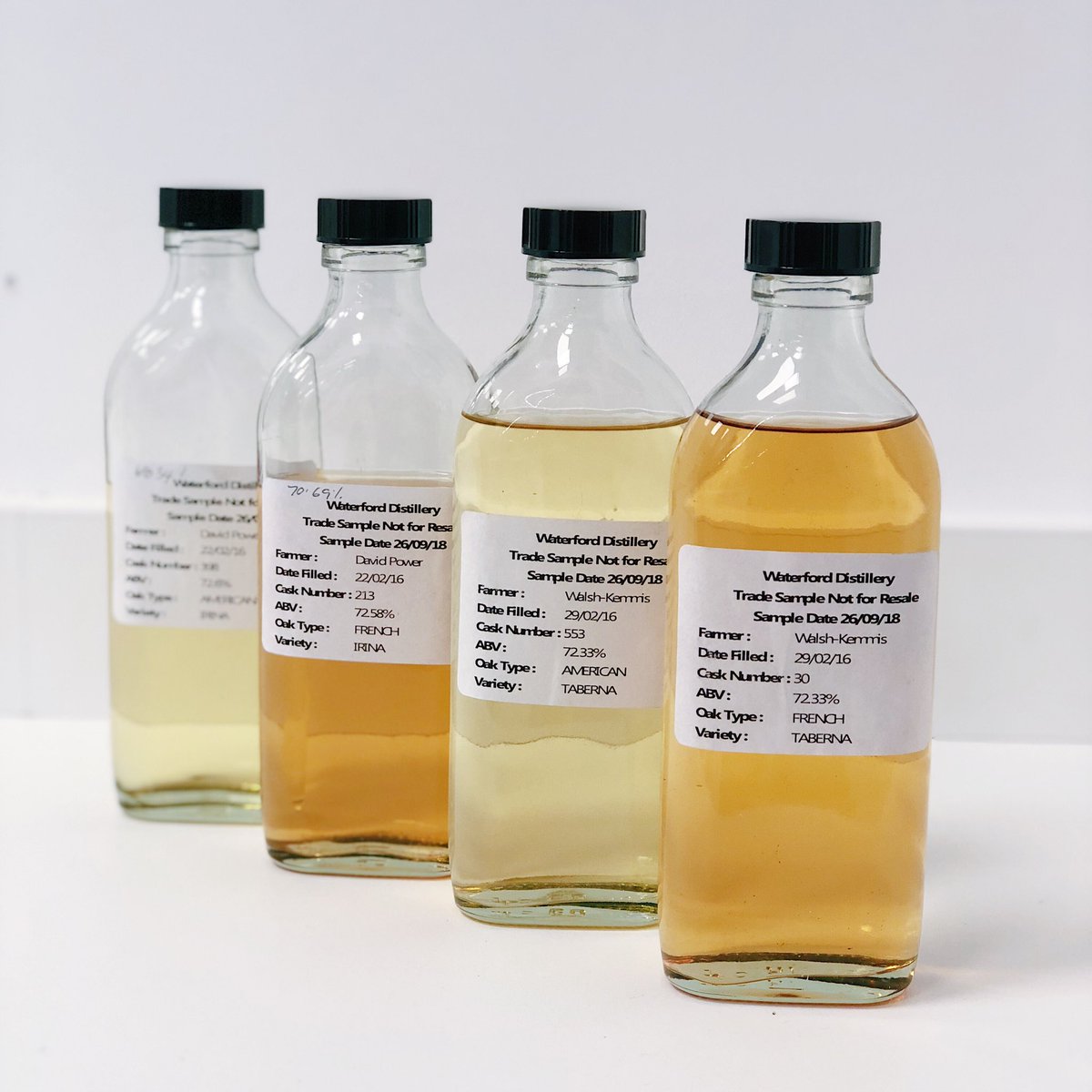 WaterfordWhisky's tweet photo. Some of our earliest maturing single farm spirits, distilled back in February 2016. Coming along nicely... https://t.co/YRKp0LIY1h
