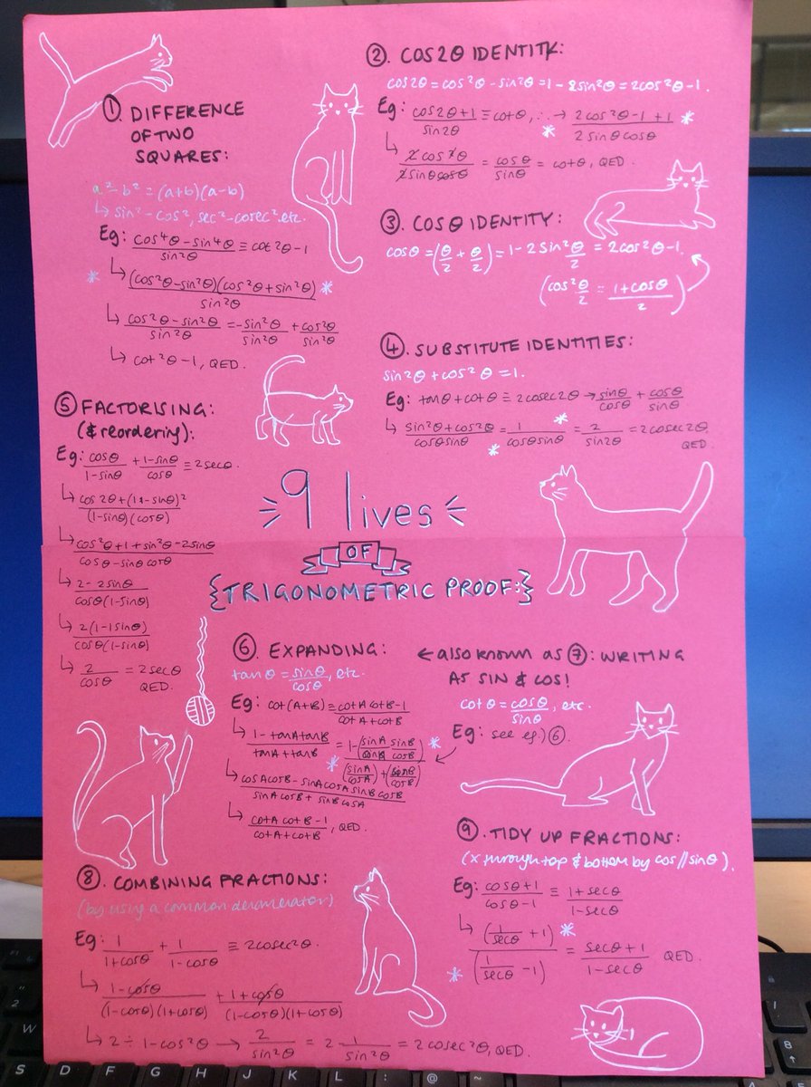 Tormead_Maths's tweet photo. Well done Upper 6th, I love your posters. A theme for the 9 key strategies in proving trigonometric identities - cats! Oh and one dog lover too 😂. Bringing maths to life and making it memorable. #HPL Creativity https://t.co/tzGZuyzNdk