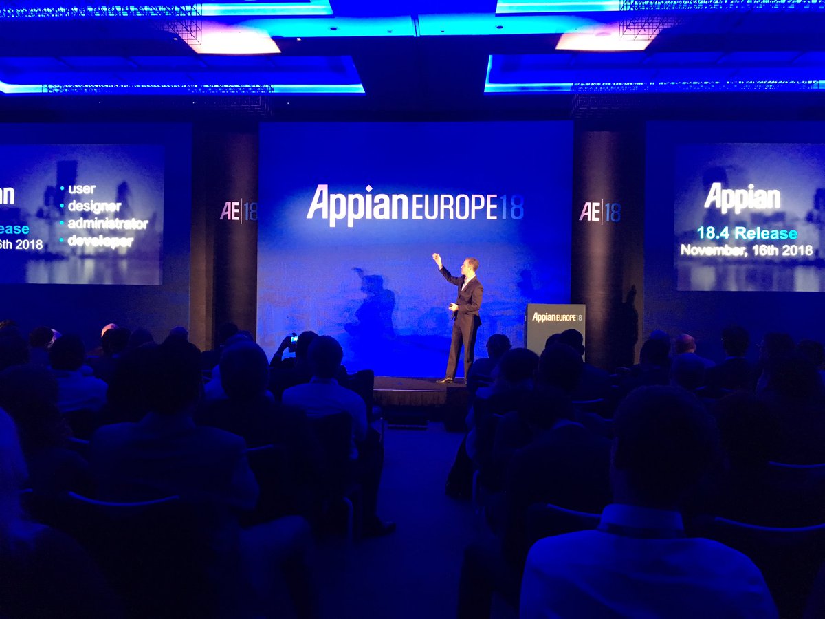AmoConsultancy's tweet photo. Day 2 at #AppianEurope 18.
Exciting and interesting news about the latest @Appian by @mrappian.
#bpm #appian #amoconsultancy #appianeurope #appianeurope #lowcode https://t.co/2c5ynBYhJE