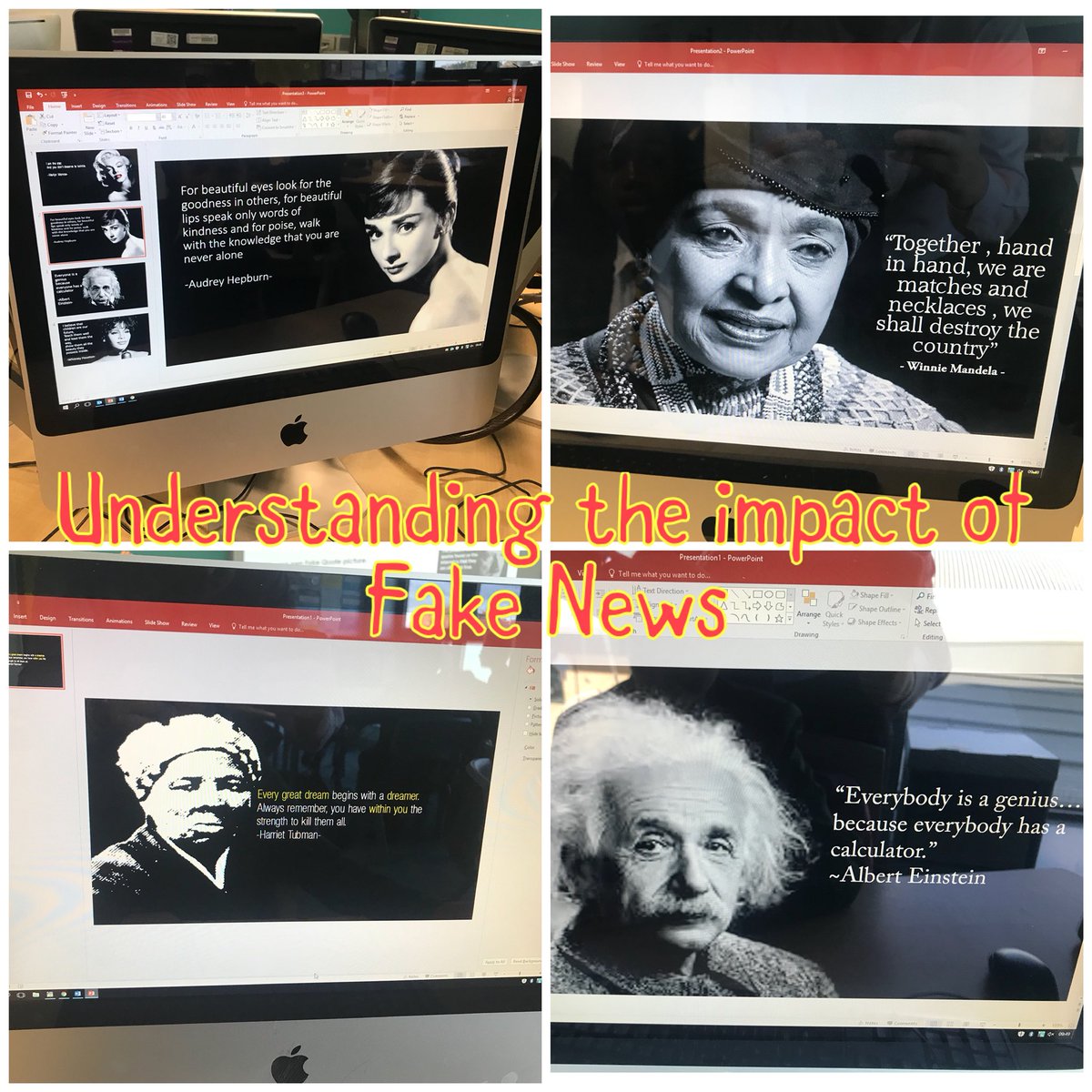 Year 8 are enjoying learning about fake news...

Today we looked at famous quotes, from famous people! 

We created our own quote pictures with a twist, they were fake quotes!!

Fantastic work created and a great understanding shown!