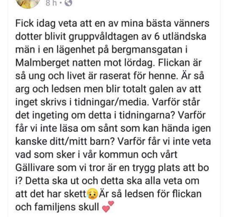 katjanouch's tweet photo. Ung flicka våldtagen av 6 män i Gällivare. Flera pers som känner familjen skriver t mig, deras inlägg om detta tas bort på Facebook men nu skriver msm. Vidrigt vad som pågår i Sverige, hur människor offras. Var är alla mensfeminister nu? #svpol https://t.co/229kVsPzhF https://t.co/liOI3tUw0n