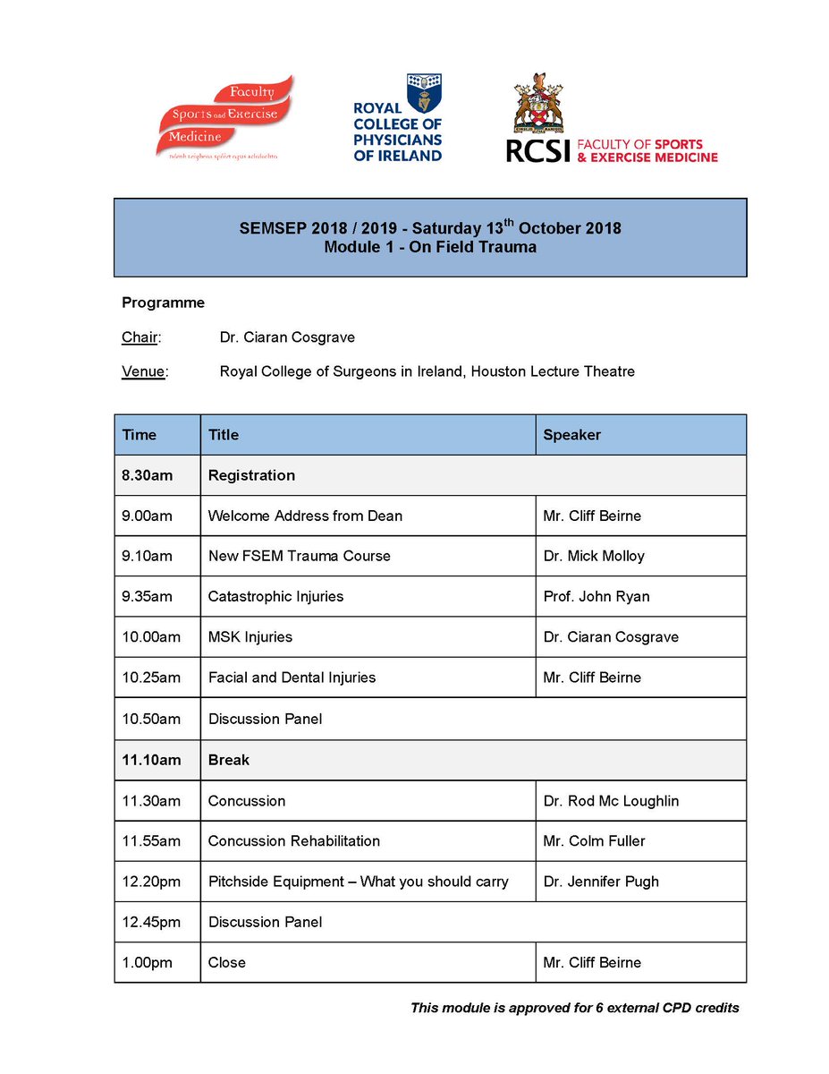 REMINDER - SEMSEP M1 - "On Field Trauma" - Saturday 13th October 2018 <a href="/RCSI_Irl/">RCSI</a> - 6 CPD credits - to pre-register for the event, visit: rcsi.ie/semsep  - don't delay and book your place!  #CPD #sportsmedicine on-site registration also available from 8.30am that morning!