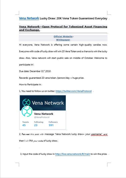 VenaProtocol's tweet image. Vena Network Lucky Draw: 20K Vena Token Guaranteed Everyday
Lucky draw website：live.vena.network/#/main 
Follow us+ retweet this post with &quot;Vena Network lucky draw+ your username&quot;
I will PM you with code of Lucky Draw. 
More details in pics.😀😄