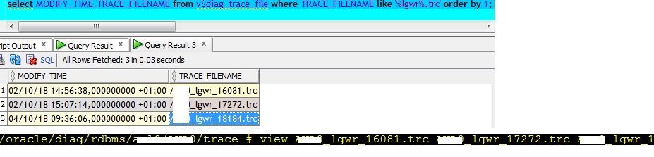 fdernoncourt's tweet photo. In #oracldb >= 12.2 use the V$diag_trace_file view to keep track of the slowness of your LOG WRITER
SELECT MODIFY_TIME,TRACE_FILENAME FROM V$DIAG_TRACE_FILE WHERE TRACE_FILENAME LIKE '%lgwr%.trc' ORDER BY 1;
LGWR creates these traces if a write took more than 500ms
#qualitytip https://t.co/uZG8huv2zr