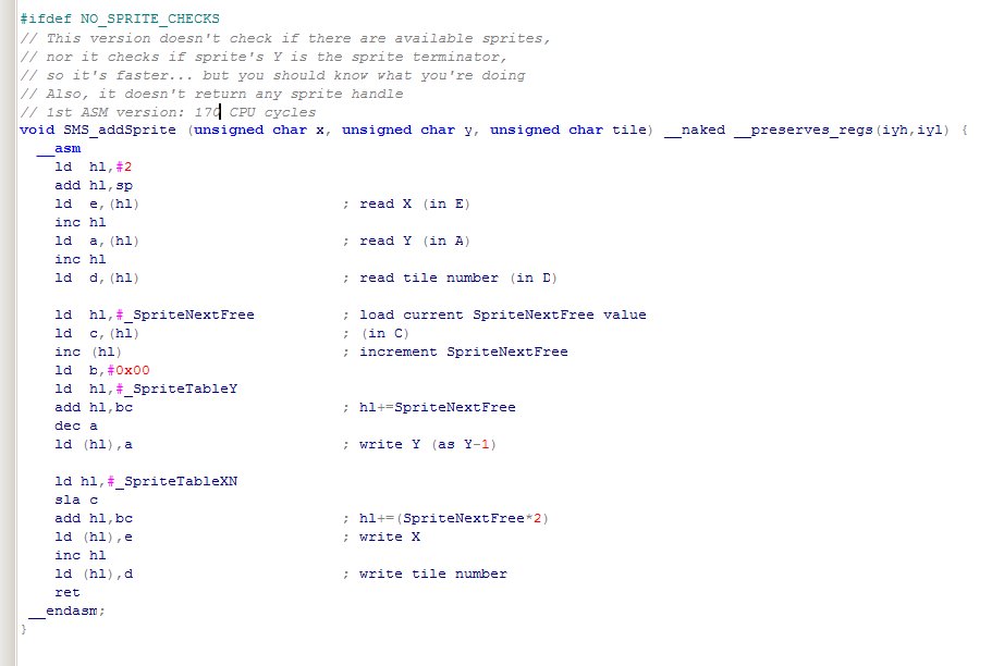 i_am_sverx's tweet image. I've just coded a shorter SMS_addSprite function that takes 170 CPU cycles only (opposed to 212) by *not* testing availability and whether Y value is valid or not. Is it worth releasing? Would you find that useful? (well, I'm mostly looking at you, @nath_mojon 😊...) #devkitSMS