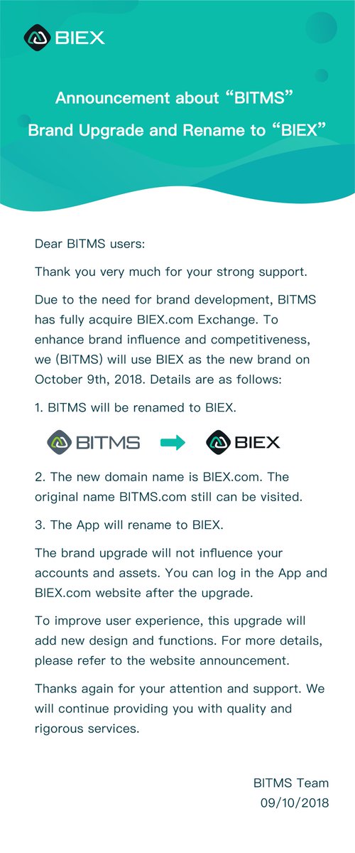 bitmscom's tweet image. BITMS.com has fully acquired BIEX.com🎉! For more details, please check the following picture!
 
BITMS will be renamed to BIEX, so please follow BIEX's social media account → @BIEXCOM
 
Thanks for your attention and support!
 
#BIEX #BTC #Exchange