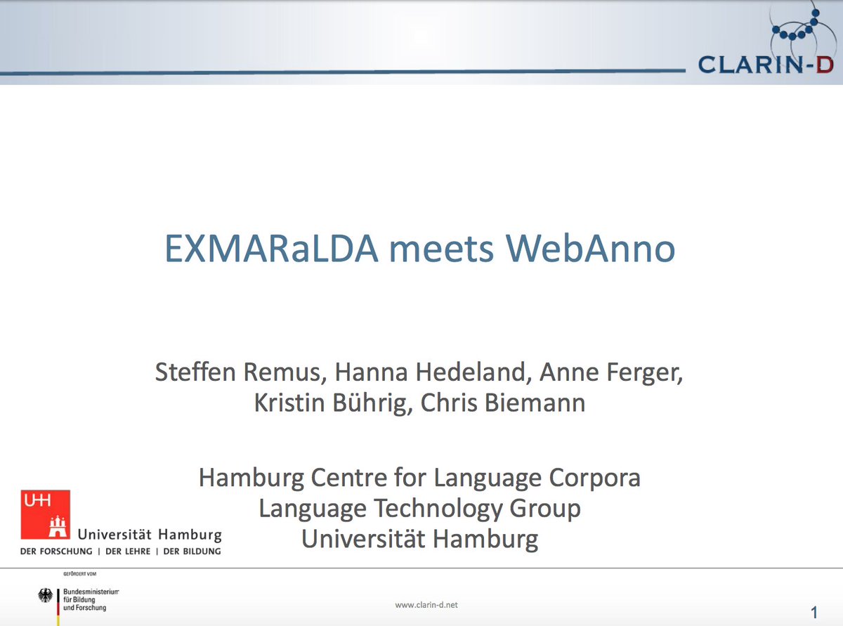 CLARINERIC's tweet photo. Thematic session has just started. Now: EXMARaLDA meets WebAnno / Steffen Remus, Hanna Hedeland, Anne Ferger, Kristin Bührig and Chris Biemann. Slides: https://t.co/ipC0EVLCoJ #CLARIN2018 #EXMARaLDA #WebAnno @EXMARaLDA @CLARIN_D https://t.co/MvirR5du2M