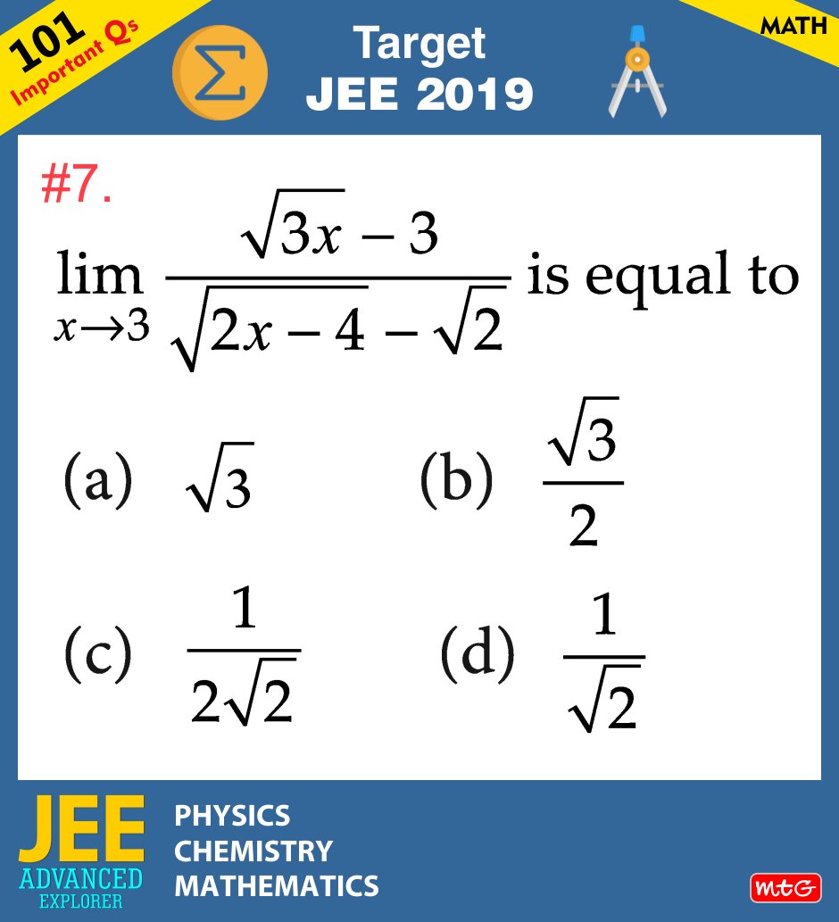 MTGBooks's tweet photo. #JEE2019 is just 3 months from now. We will post #101ImportantJEEQuestions, every day you will receive a question that has a chance to appear in #JEEMain2019. So, solve question to gain maximum benefits. Post your answer in the comment box. #maths #jeeexam
https://t.co/LyuUDJH2BT https://t.co/mhtidUgHKQ