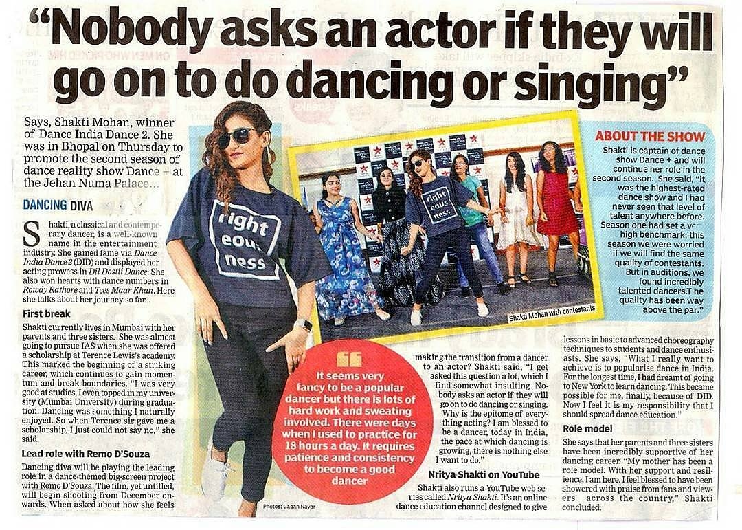 shaktimohann's tweet photo. -Nobody asks an actor if they will go on to do dancing or singing.
@MohanShakti di's Article in Bhopal paper during #THROWBACK
#DancePlus2 promotions... https://t.co/nyhlEUPVYY