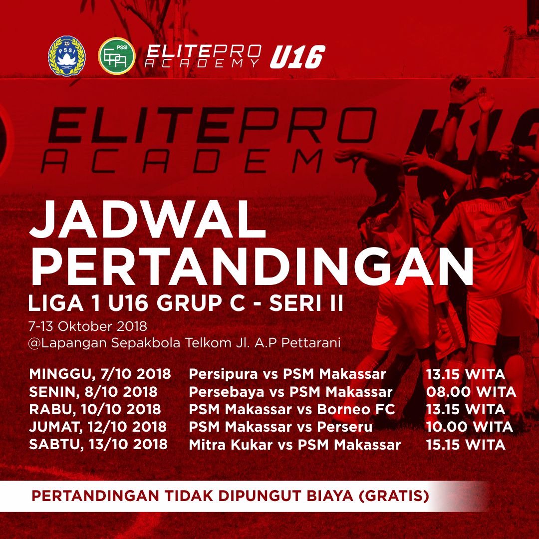 PSM_Makassar's tweet photo. Seri 2 Grup C Liga 1 U16 berlangsung selama 7-13 Oktober 2018 di lapangan sepakbola Telkom, Makassar.
GRATISSS
#EwakoPSM #PSMU16 https://t.co/IwxwMAsiLW