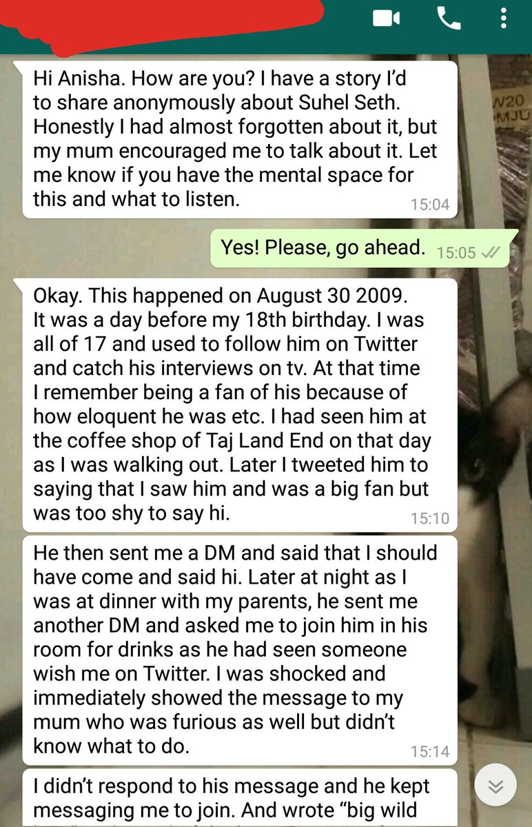 motherofbillis's tweet photo. In my WhatsApp messages, an anonymous story about Suhel Seth, who repeatedly asks a 17-year-old girl to join him for drinks, based off one DM, and a birthday wish. 

@weeny 
@AGirlOfHerWords 
@TheRestlessQuil https://t.co/YwvZi783fo