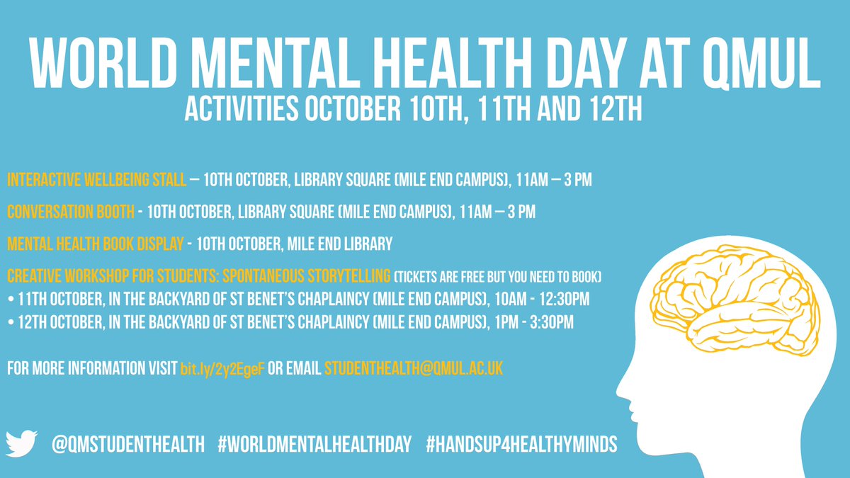 #WorldMentalHealthDay is tomorrow. Come to our Interactive Wellbeing Stall &amp; Conversation Booth at Library Sq on 10 Oct from 11am-3pm &amp; the Creative Workshop on 11 or 12 Oct: bit.ly/2OIDrkJ #HandsUp4HealthyMinds <a href="/QMSU/">Queen Mary Students' Union</a> <a href="/QmulUnity/">QMUL UNITY</a> <a href="/WelfareQMSU/">Jojo Croft</a> <a href="/QMUL/">Queen Mary University of London</a> <a href="/ThriveLDN/">Thrive LDN</a> @InspireMHC