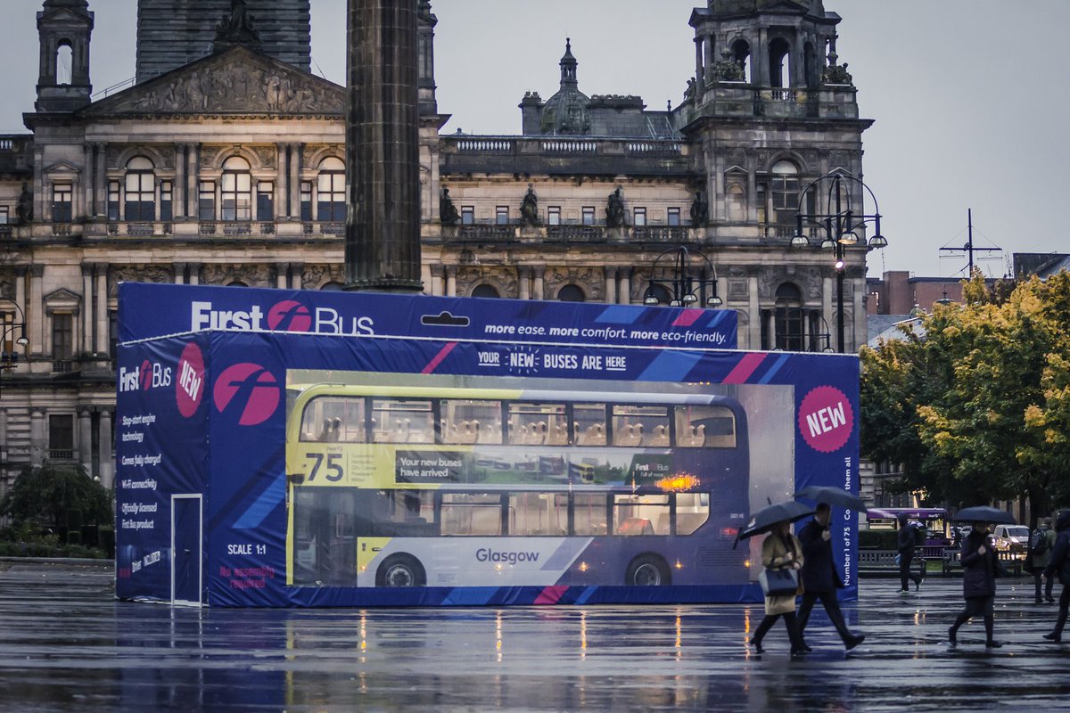 dobbieandrew's tweet photo. Awesome to see the @FirstinGlasgow @FirstGroupplc idea we dreamt up @madebrave going live today to celebrate 75 new buses for #glasgow #georgesquare #FirstBusInABox #FirstBusGlasgow https://t.co/DEe4ASR5FO