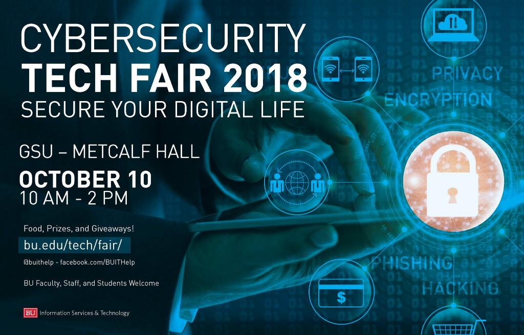 BU_Tweets's tweet photo. Want to keep yourself safe and secure in an era of big data? Swing by the #BUTechFair on Wednesday at the GSU to hear from cybersecurity experts and vendors like @Apple on how you can secure your digital life.
Details ➡️ https://t.co/ECSDoGoclW https://t.co/5VlHHJ3hKZ