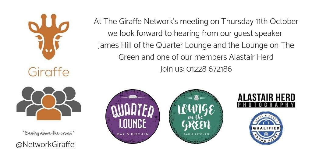 Join us Thursday 11th October - coffee served from 6.30am, meeting 7-8.15am. Speakers this week include our guest James Hill @loungeOTgreen and member <a href="/AHerdPhoto/">Alastair Herd</a> #networking #carlisle