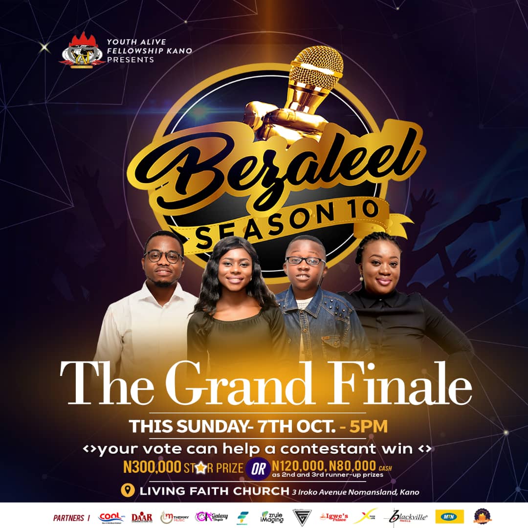 youthalivekano's tweet photo. The Grand Finale.
14th Oct 2018 @ Living Faith Church, Kano. 
Time:4pm. Who walks away with the Grand price? You decide! 
Don't miss this for any reason
#BezaleelCompetition #BezaleelMusic #BezaleelGospelMusicCompetition #BestGospelMusicCompetition #BezaleelSeason10
#BezaleelKano https://t.co/fQNIxSEcsW