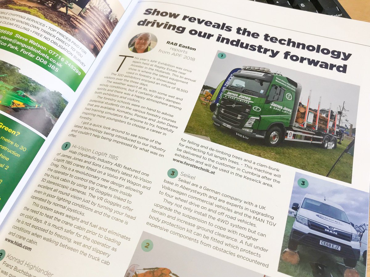 Nice write-up in @forestandwood's October issue of FTN about our two Hi-Vision trucks that intrigued so many @APFExhibition visitors in Warwickshire recently. Article shows how our industry is really embracing new technology. @hiabOfficialUK