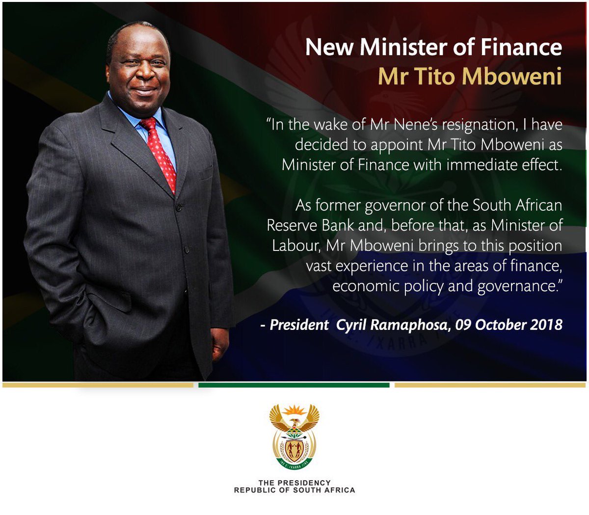 NSBEsa's tweet photo. Congratulations to @tito_mboweni for being appointed as the new Minister of Finance. https://t.co/ek8dQDfoRb