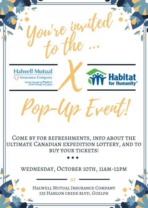 HalwellMutual's tweet photo. Did you know that Halwell is a major sponsor of @HabitatWDG Ultimate Canadian Expedition Lottery? Come see what it's all about at our pop-up party tomorrow!  https://t.co/DppGqX03ti #HalwellHelps https://t.co/JcnDNZpLqB