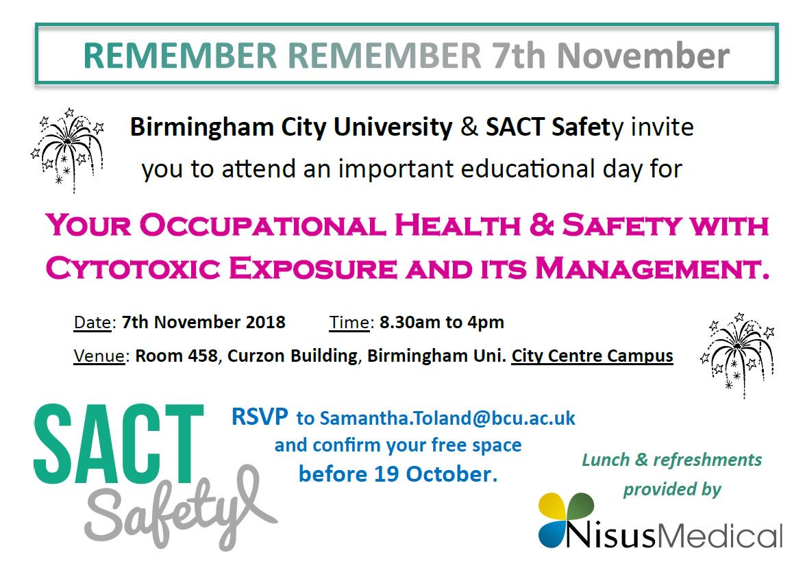 SACTsafety4all's tweet photo. GREAT NEWS!!! Educational day for your occupational health and safety with cytotoxic exposure and it's management on the 7th of November at Birmingham city university #SACTSAFETY @SACTsafety4all @BCU_PostQual @BCUNursingteam #CHEMO #SAFETYFORNURSES @nisusmedical #CYTOTOXIC https://t.co/OVGETTtJcR