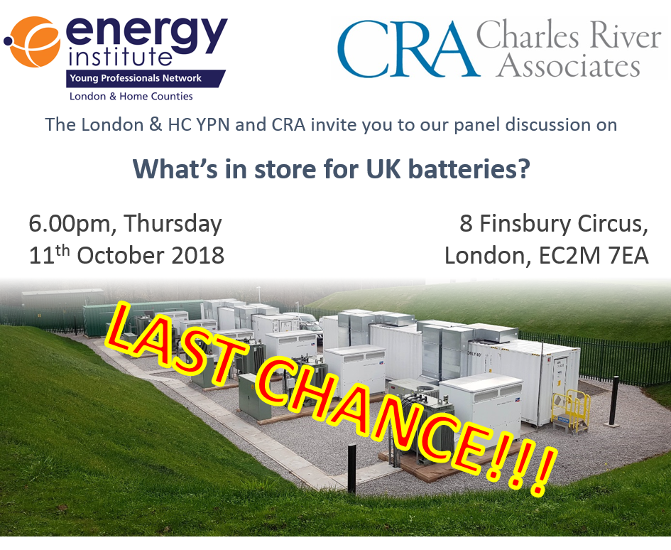 EIYPNLondon's tweet photo. Last hours to get the last few tickets for storage panel with @nationalgriduk, @ZenobeEnergy @openenergi and @BurgesSalmon at @News_CRA #batteries #EnergyStorage #energytransition https://t.co/iCV8DcxHrW https://t.co/91PWHSRqbE