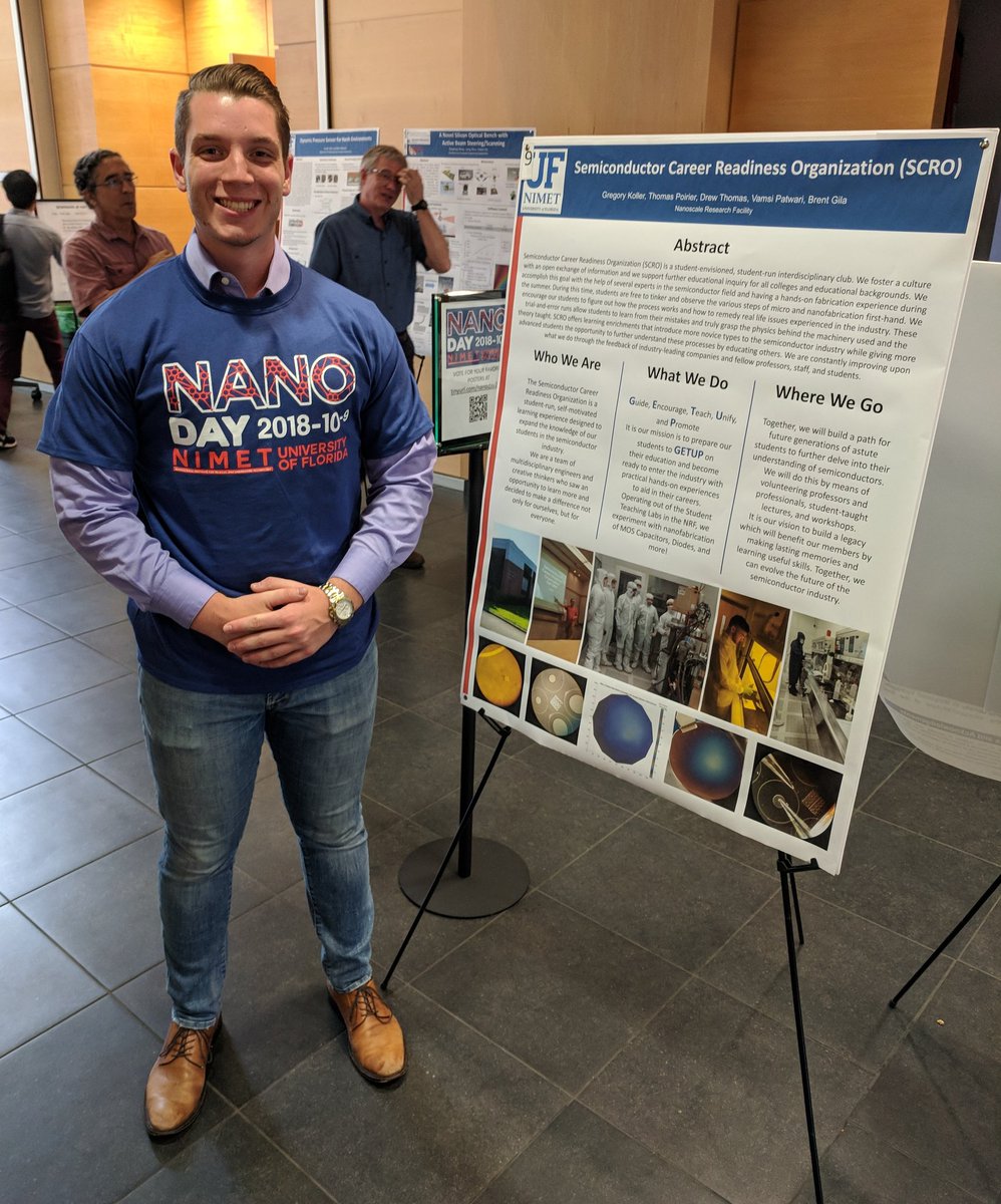 Gregory Koller from the student-organized Semiconductor Career Readiness Organization (SCRO) is ready to present his poster at the <a href="/UFNIMET/">NIMET</a>-sponsored <a href="/UF/">FLORIDA</a> #NationalNanoDay held at the nanoscale research facility today! pic.x.com/YyLzC1qpbe pic.x.com/VcrPxsAzDL