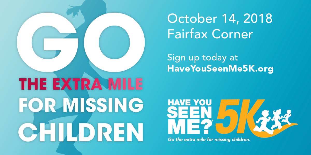 Slyde78's tweet photo. This Sunday, October 14th, @MissingKids will hold it's inaugural 5K race in Fairfax Corner, VA! Come out and run for a great cause! π
The entry fee is $35 which includes a t-shirt and post-race snacks. Register here: https://t.co/2MB4KJ6lBe #RunWashington #DMVrunners https://t.co/hPPwf1roKr