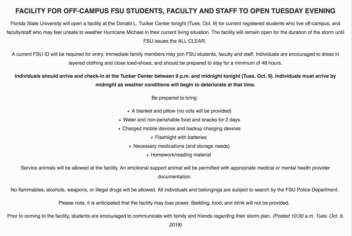 FACILITY FOR OFF-CAMPUS FSU STUDENTS, FACULTY AND STAFF TO OPEN TUESDAY EVENING. Visit: alerts.fsu.edu for info and updates.