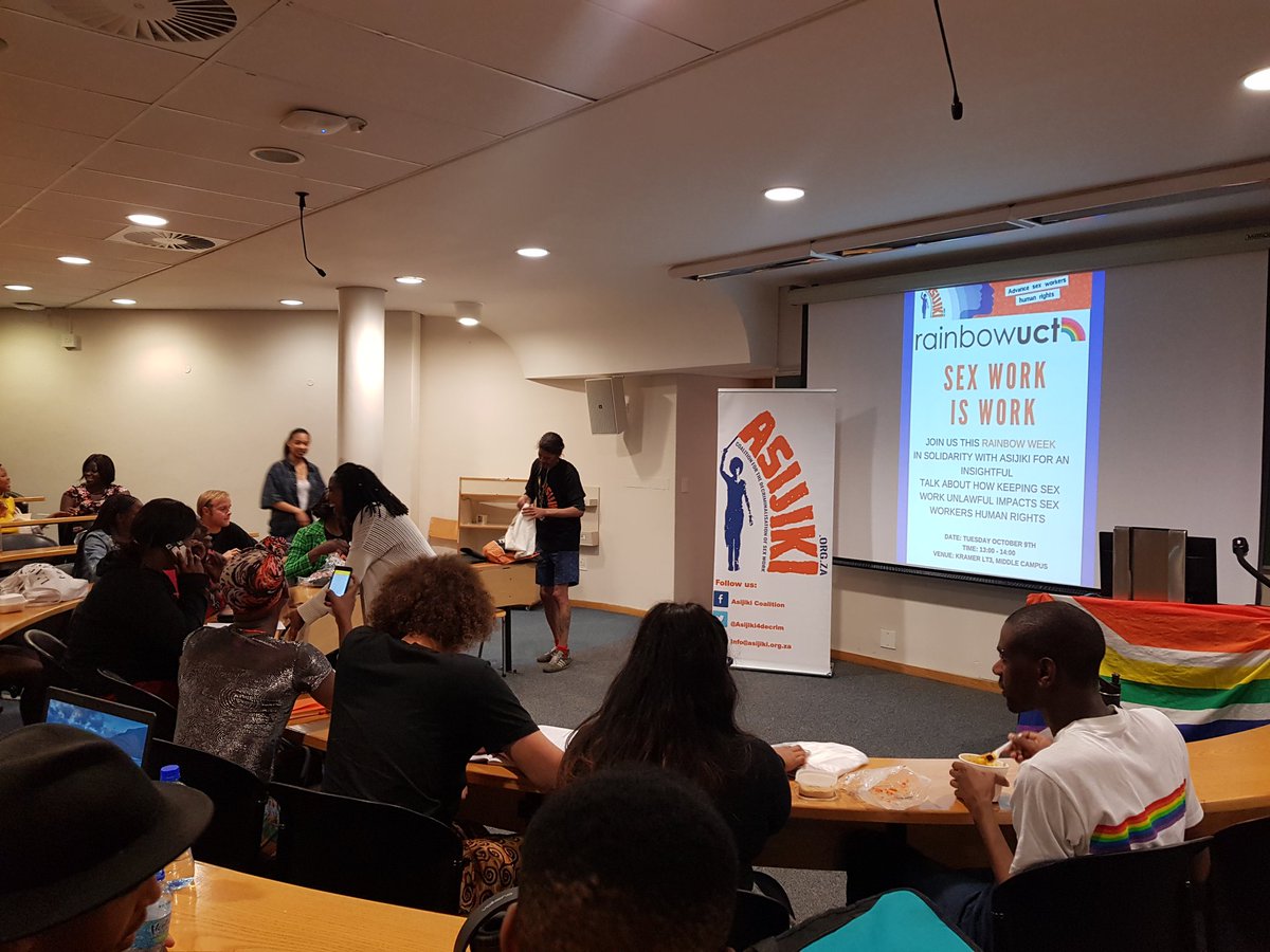 rainbowuct's tweet photo. A necessary conversation with Asijiki about the decriminalisation of sex work #RainbowUCT #RainbowWeekUCT #RainbowWeek2018 #OIC #pride https://t.co/DMGOc920XZ