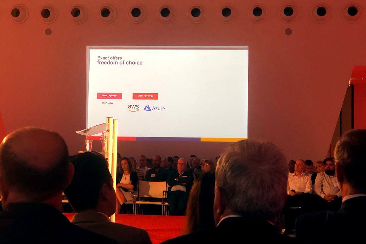 escbelgie's tweet photo. Exact offers freedom of choice ... Globe &amp; Synergy -> nu ook beschikbaar via het Microsoft Azure cloud platform ! #exactlive #ExactEcoSystemSummit kick-off https://t.co/RGk3ZDyxIn