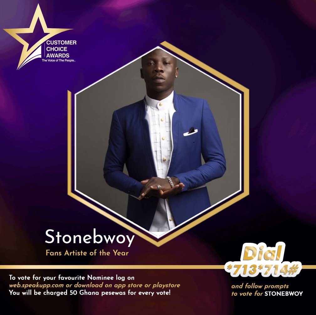 Congratulations to @stonebwoyb  on being nominated in the Fans Artist of the Year Category of the Customer Choice Awards. Vote by dialling *713*714#  on any network or by visiting: web.speakupp.com 
#thecxawards #BhimNationGlobal #MostOriginal @zylofonmusic_ @zylofonmedia