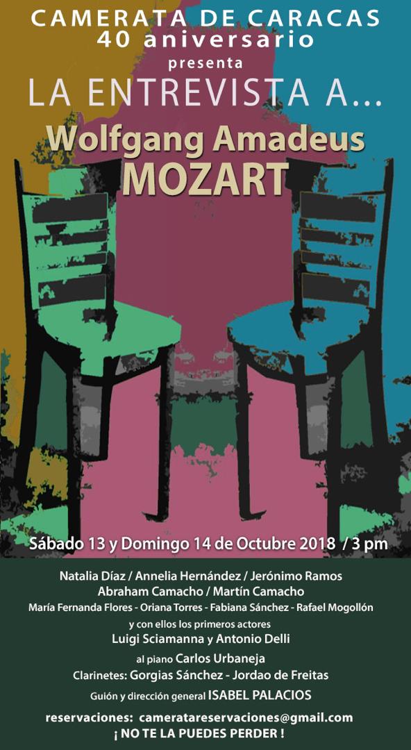 No te pierdas LA ENTREVISTA A W.A. MOZART, en el marco de nuestra celebración #40AniversarioDeLaCamerata. De la mente de Isabel Palacios, con Luigi Sciamanna como Mozart, Antonio Delli como Antonio M Rondón y un selecto grupo de músicos. +info cameratareservaciones@gmail.com