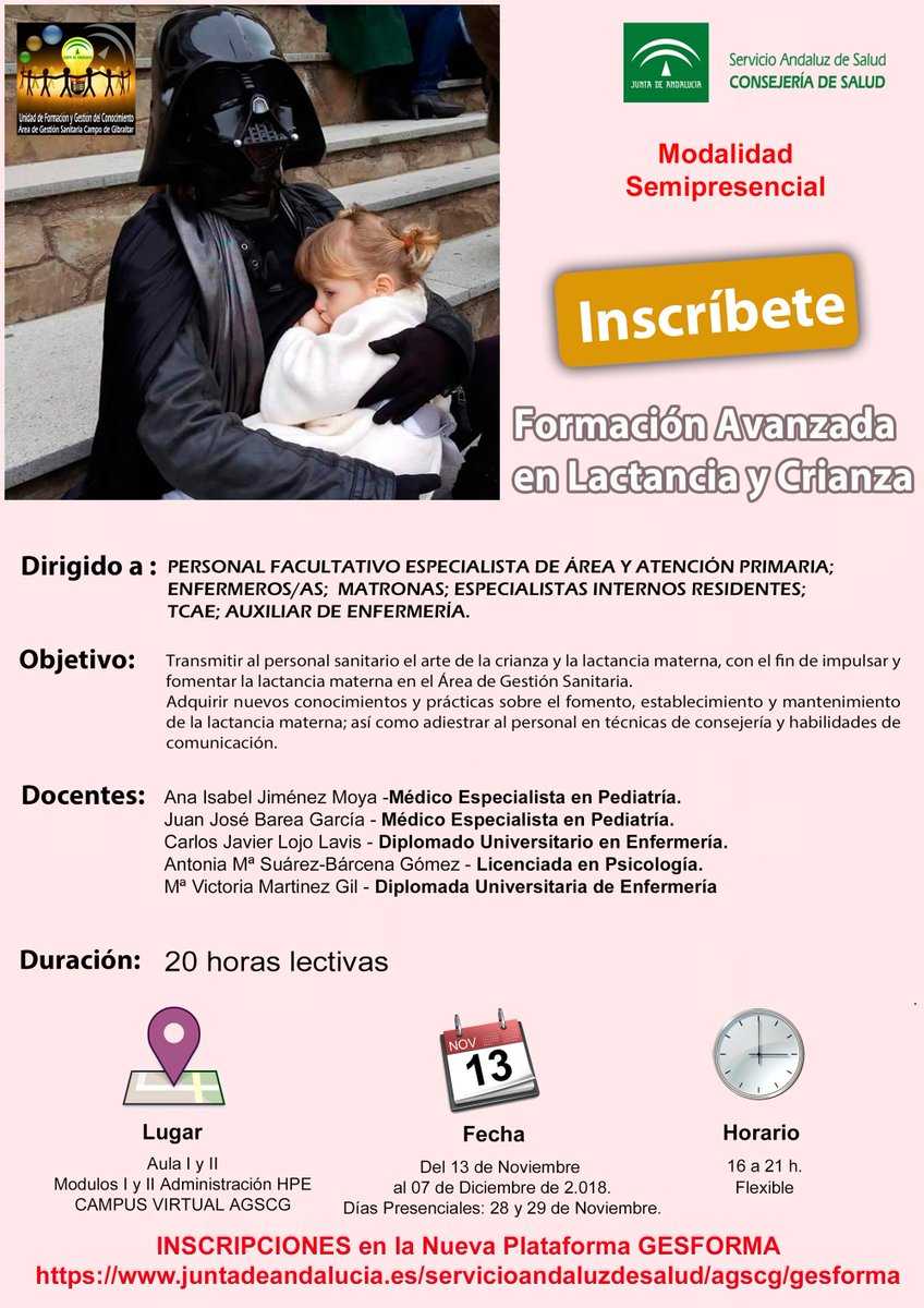 ufgconocimiento's tweet photo. Nuevo Curso "Formación Avanzada en Lactancia y Crianza".
Modalidad Semipresencial
Duración - 20 horas
Fecha: del 13 Noviembre al 07 Diciembre de 2.018.
INSCRIPCIONES en la Nueva Plataforma GESFORMA:
https://t.co/xlkq62fmrJ https://t.co/t6VsWkfgtH