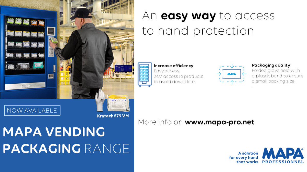 Discover our new Mapa vending packaging range, an easy way to access to hand protection. More about this new range on : lnkd.in/d5E3JMg #safetyfirst #mapapro #gloves #VendingMachine