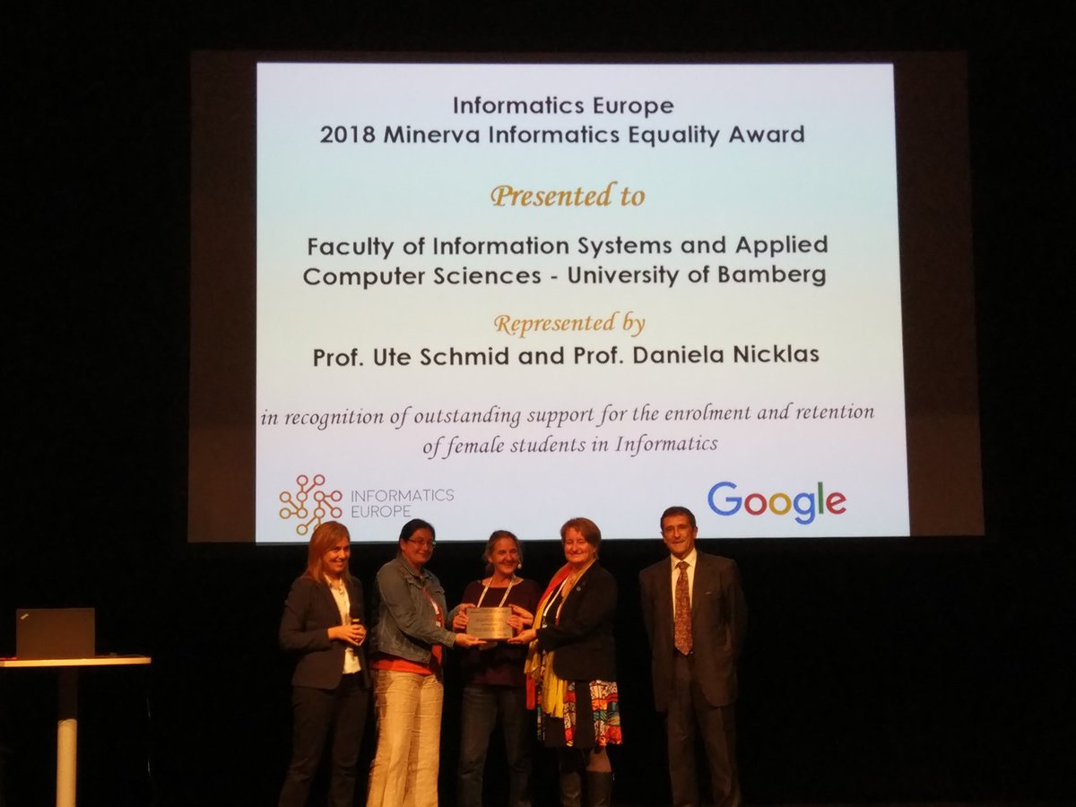 ivarea's tweet photo. And the #ECSS_2018 @informatics_eu Minerva Informatics Equality Award goes to: The Faculty of Information Systems and Applied Computer Sciences, University of Bamberg. Congratulations to the winners!! https://t.co/URf5Kxq6ev