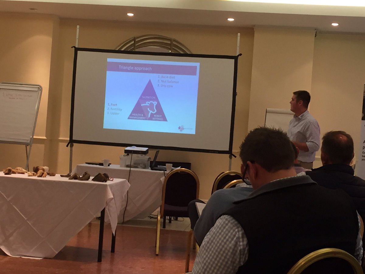 BrynDaviesARN's tweet photo. ARN’s David Howard discussing the new concept of the Robotic Triangle based on Nutrition, Health &amp; Management and Robot Settings being the main precursors to Cow Health and performance #robottriangle https://t.co/AjOBJQh7ZA