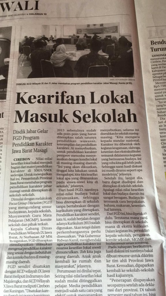 Pemprov Jabar akan memulai pendidikan Karakter "JABAR MASAGI" utk menguatkan pendidikan formal dg min 4 nilai: Cinta Agama, Cinta Budaya, Bela Negara &amp; Cinta Alam. Output: berahlakul karimah, mencintai budaya, mencintai lingkungan &amp; membela negaranya. Itulah Generasi #JABARJUARA