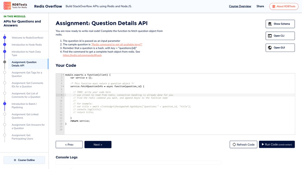 rdbtools's tweet image. #RedisOverflow, the all-new hands-on #redistutorial from @RDBTools for beginners to learn NodeJS and Redis, with practice assignments. #NoLogin #Freecourse. rdbtools.com/redisoverflow/…