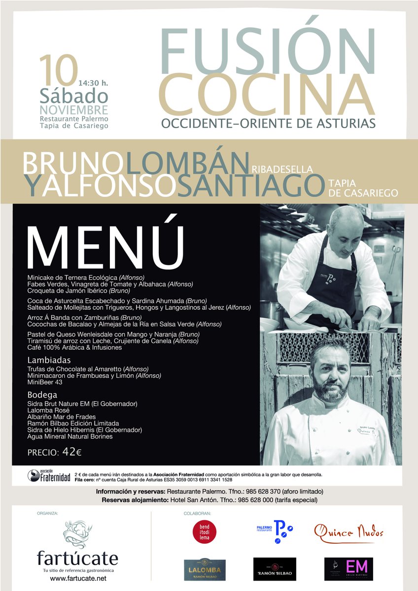 fartucate's tweet image. Tenemos  el gusto de anunciaros el menú de nuestro primer evento como  organizadores “Fusión Cocina Occidente y Oriente de Asturias” los chefs Bruno Lombán @quincenudos y Alfonso Santiago @Palermo_rest  serán los encargados de hacernos disfrutar con esta suculenta propuesta.