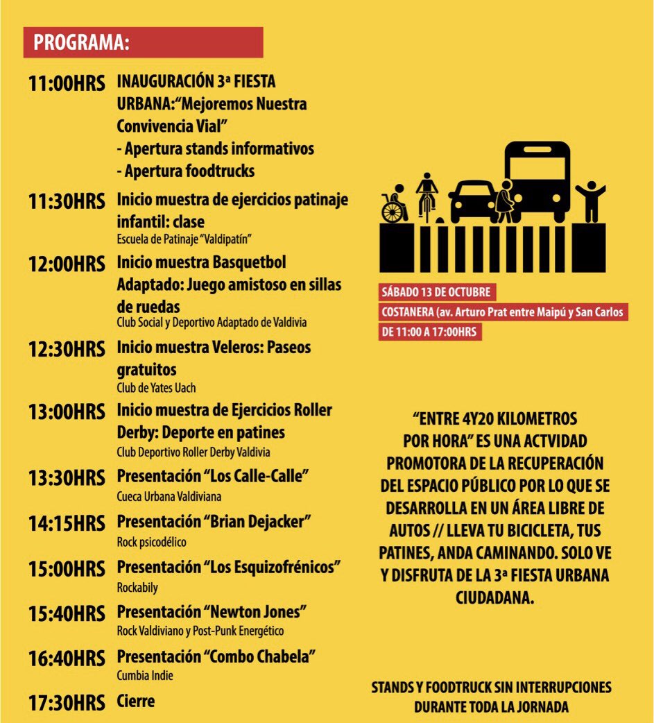 Este sábado 13 a partir de las 11am en Costanera (Av. Arturo Prat entre Maipú y San Carlos) REVISA AQUÍ ☝🏻NUESTRO PROGRAMA ❤️los esperamos con música en vivo, deportes en ciclos, food truck, stand informativos y mucho más!